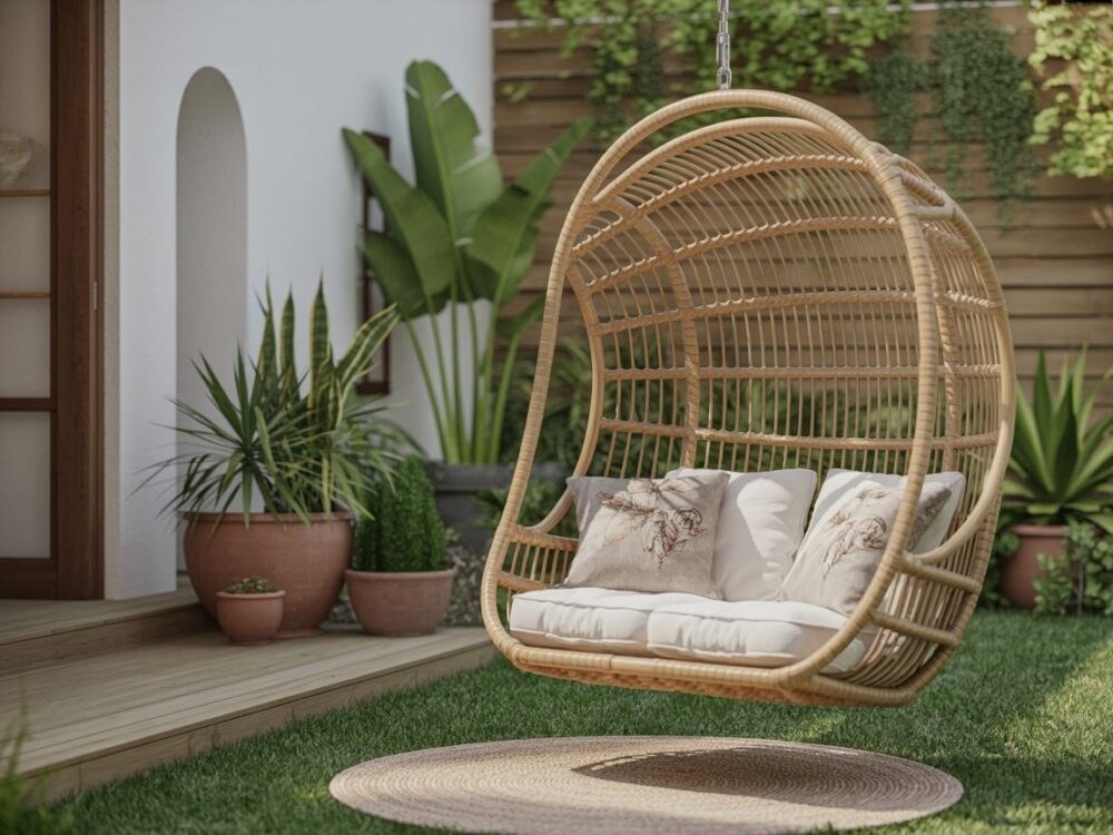huśtawka rattanowa w ogrodzie