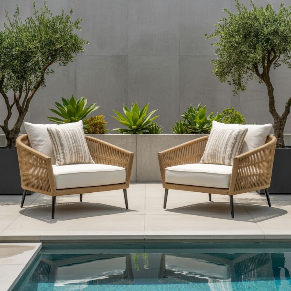 leżaki rattanowe w ogrodzie