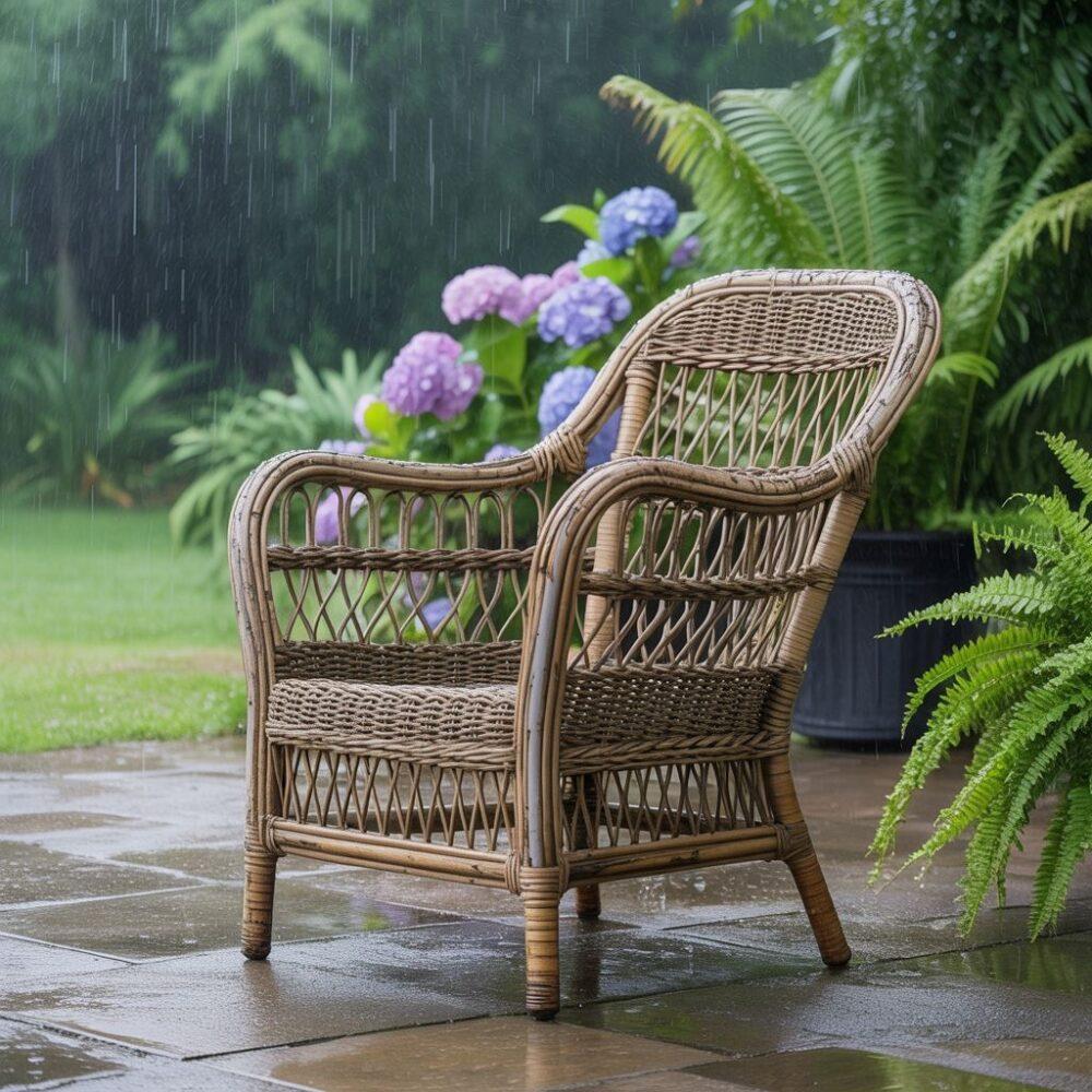 meble rattanowe w ogrodzie po deszczu