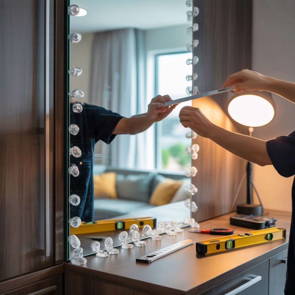 montaż lustra na szafie