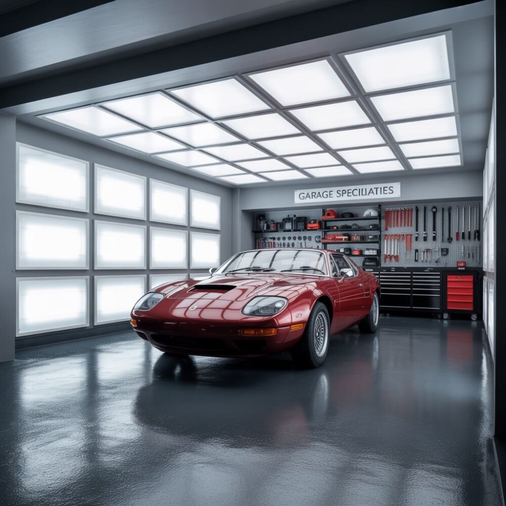 nowoczesny garaż z oświetleniem