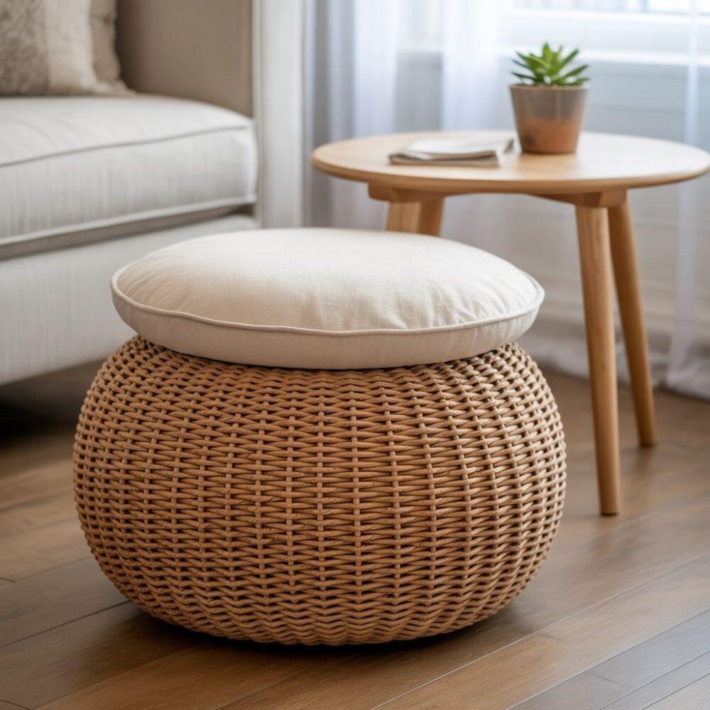 pufa rattanowa przy sofie