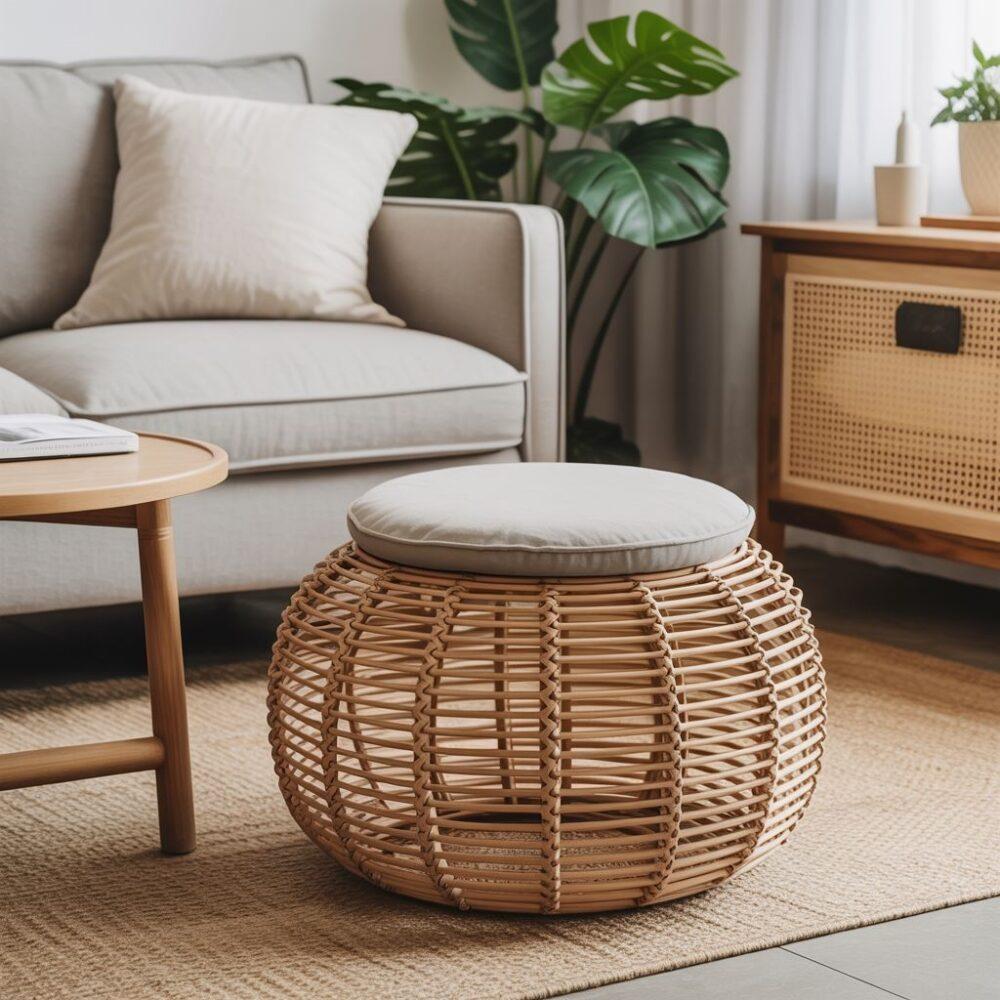 pufa rattanowa w salonie