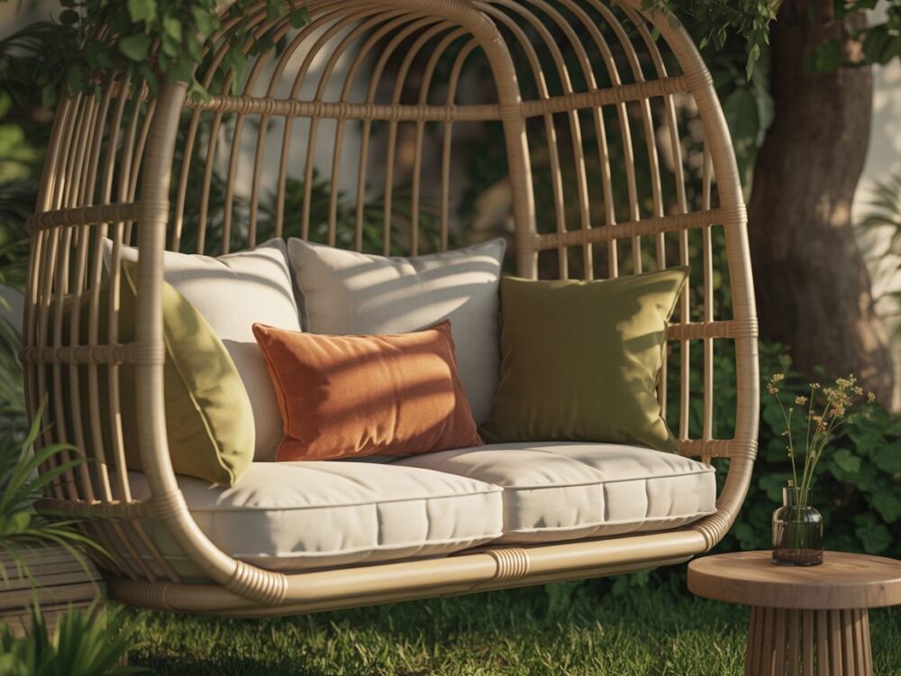rattanowa huśtawka na tarasie