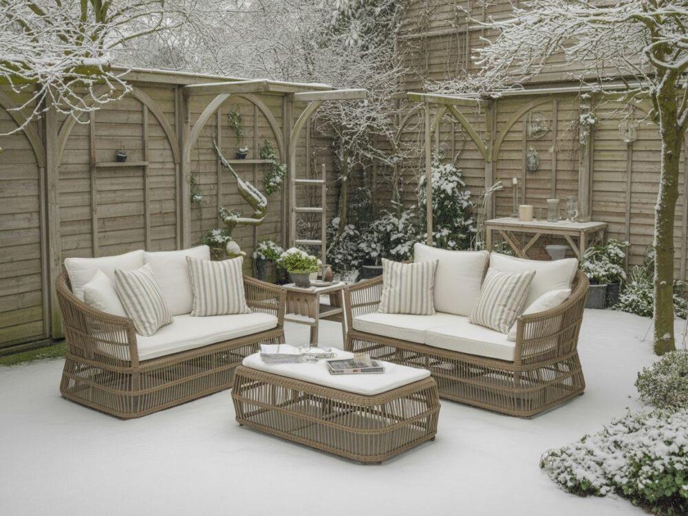 rattanowe meble na śniegu