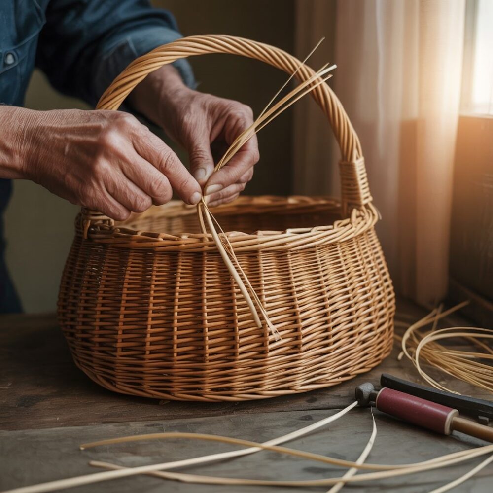 ręce splatające wiklinę