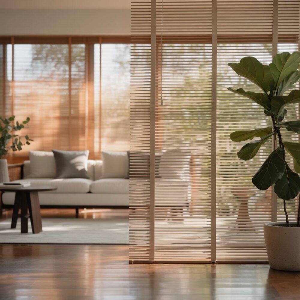 salon z żaluzjami bambusowymi