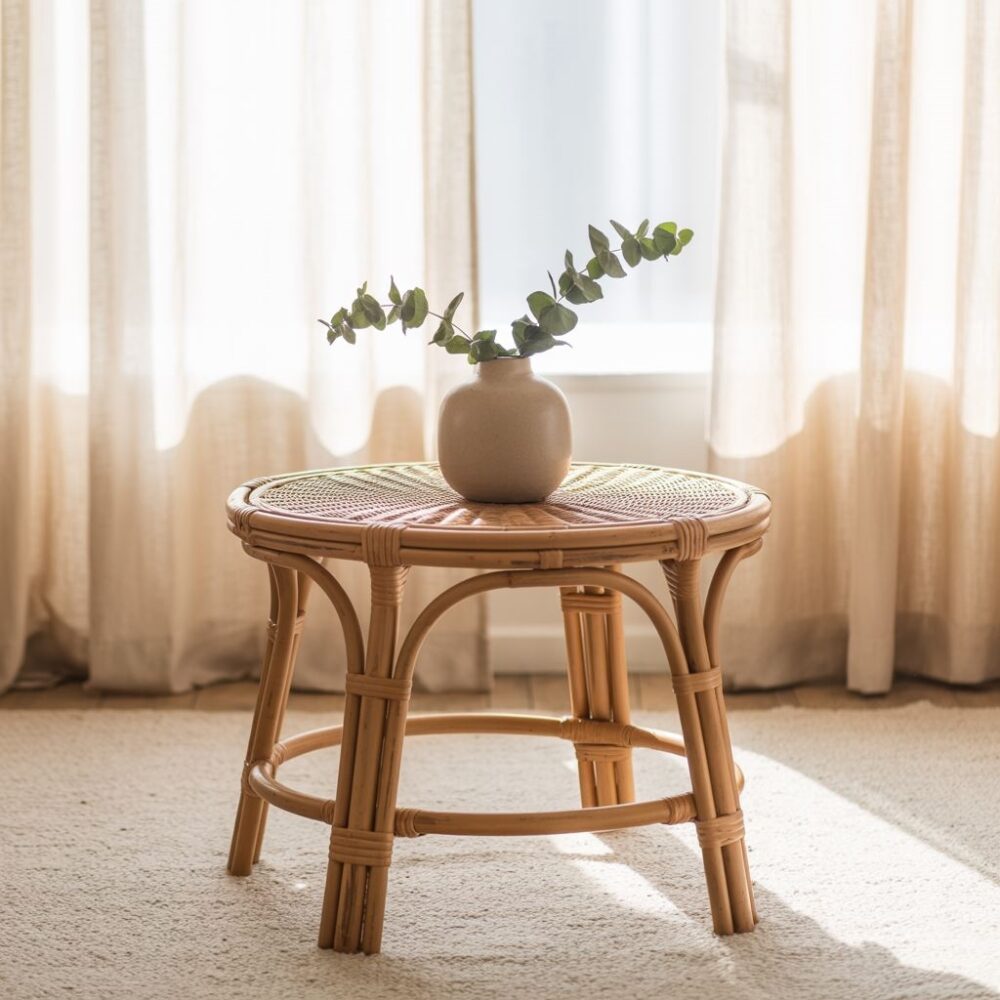 stół z rattanu w salonie