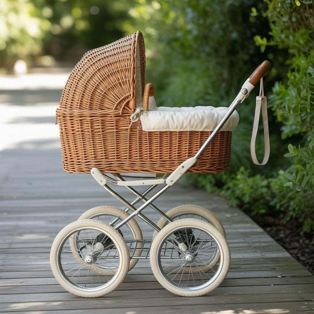 wózek wiklinowy w parku
