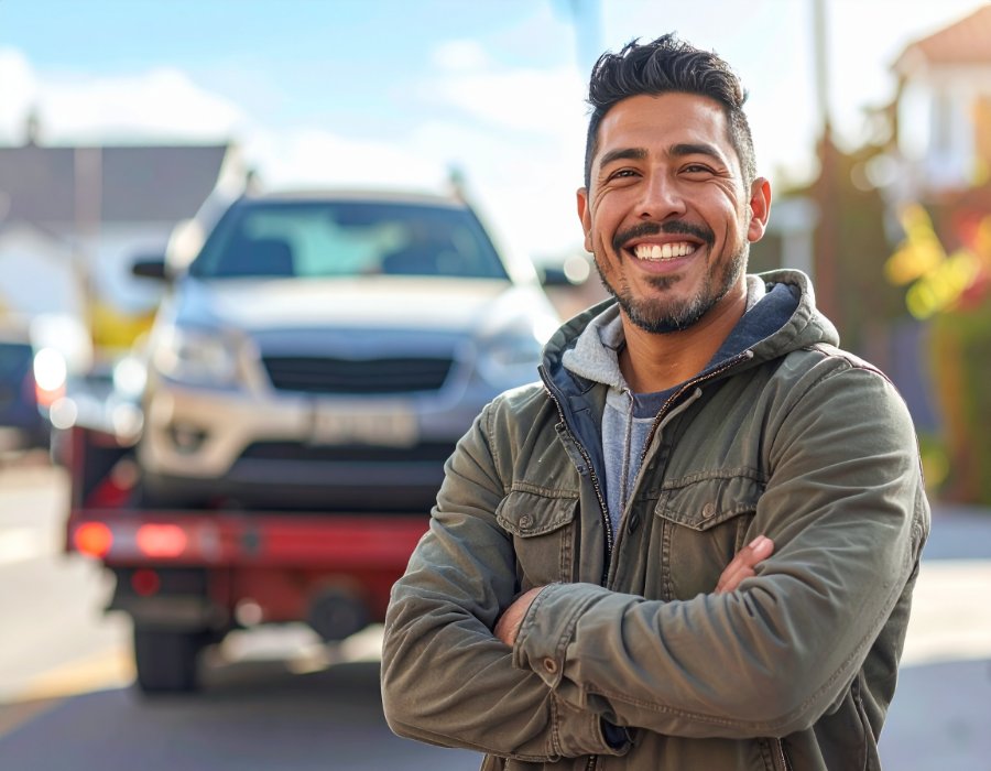 Mężczyzna po sprzedaży auta, samochód na lawecie w tle